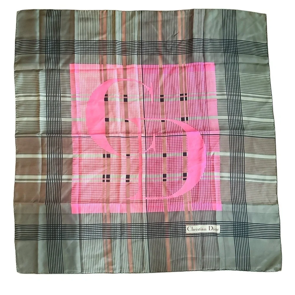 Christian Dior Classic Pink Gray CD Logo Plaid Vintage 30” Silk Square Scarf